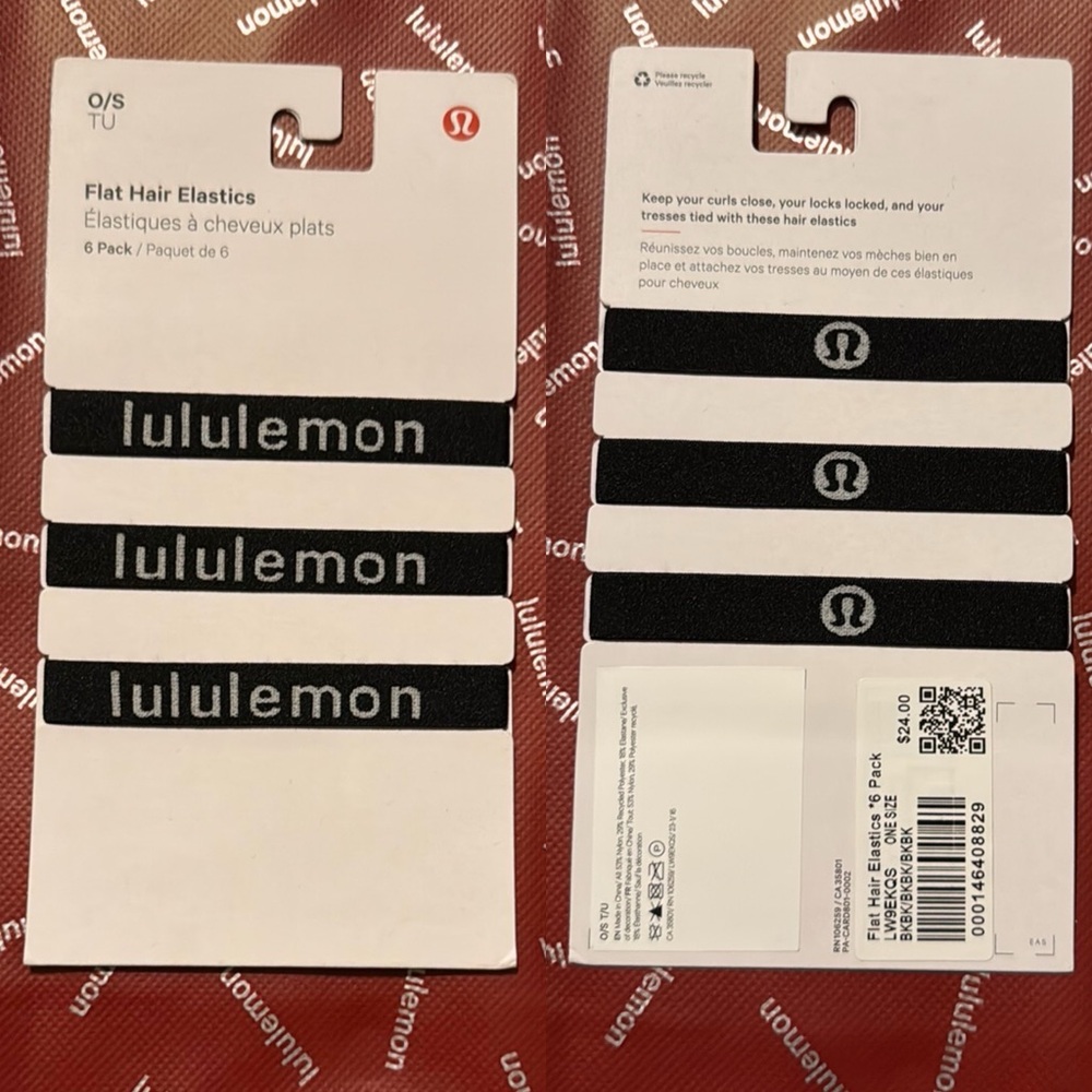 NWT Lululemon 6 Pack Flat Hair Elastics Bracelets Black LOGO GRAPHIC